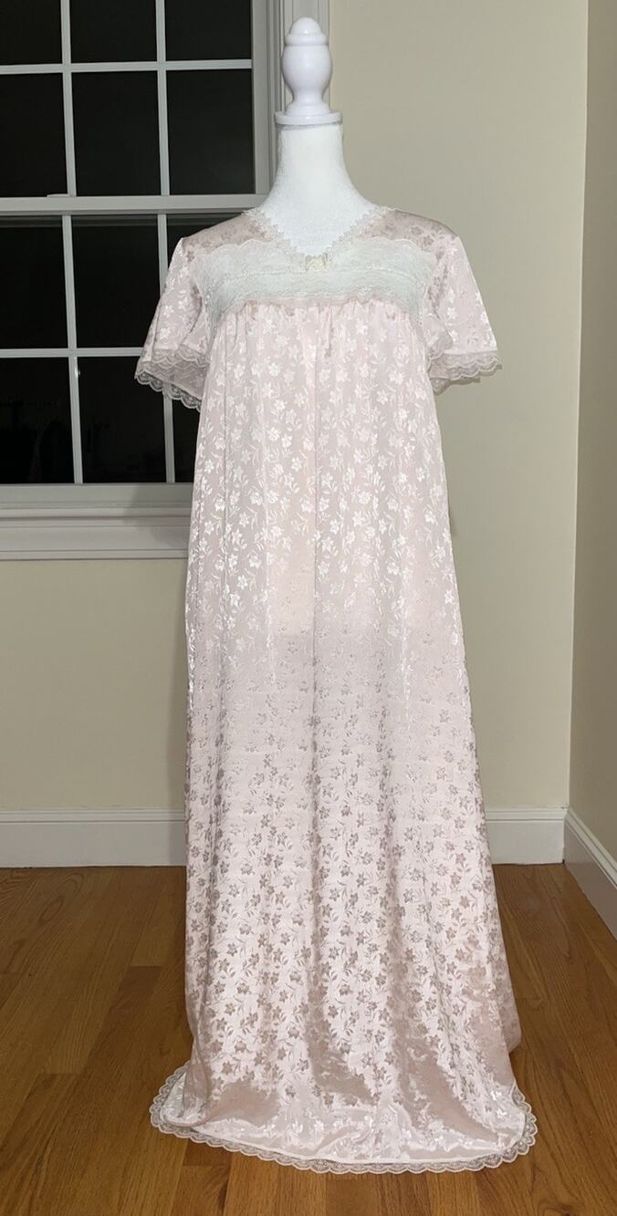 Vintage 70s/80s Christian Dior Long Maxi Pink Satin Nightgown Lace Bow Detail ?
